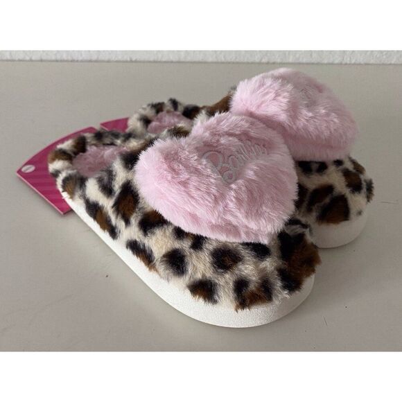Barbie Leopard Print Pink Heart Plush Faux Fur Slippers Women’s Size Small 5-6 - Picture 12 of 16